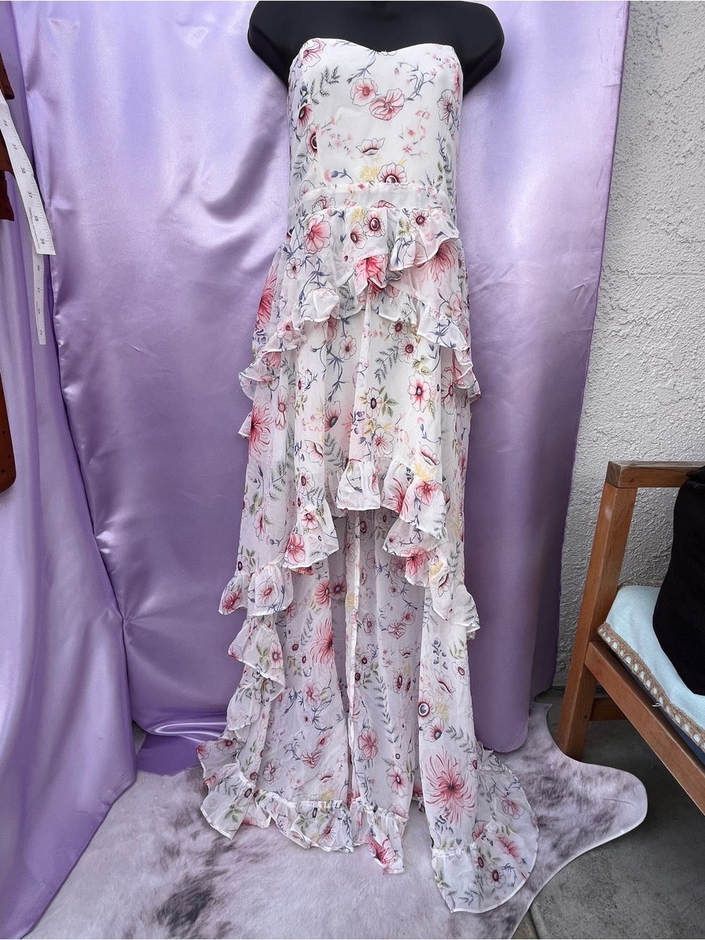 Floral Ruffle strapless dress  - Soft Pink & White